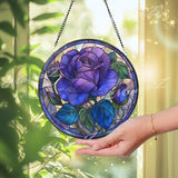 Purple Rose Stained Glass Suncatcher, Round Floral Window Panel with Blooming Flower and Buds, Elegant Nature Inspired Home Decor Gift