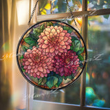 Dahlia Stained Glass Suncatcher, Round Floral Window Panel with Blooming Flowers and Leaves, Botanical Garden Inspired Home Decor Gift