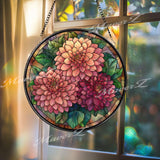 Dahlia Stained Glass Suncatcher, Round Floral Window Panel with Blooming Flowers and Leaves, Botanical Garden Inspired Home Decor Gift