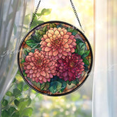 Dahlia Stained Glass Suncatcher, Round Floral Window Panel with Blooming Flowers and Leaves, Botanical Garden Inspired Home Decor Gift
