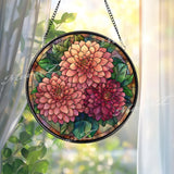 Dahlia Stained Glass Suncatcher, Round Floral Window Panel with Blooming Flowers and Leaves, Botanical Garden Inspired Home Decor Gift