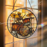 Skeleton Drummer Stained Glass Suncatcher, Round Musician Window Panel with Drum Kit, Gothic Rock Band Inspired Home Decor Gift