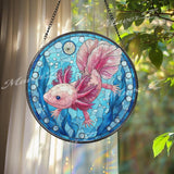 Axolotl Stained Glass Suncatcher, Round Pink Salamander Window Panel with Blue Water Plants, Unique Aquatic Animal Home Decor Gift