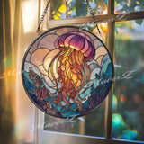 Jellyfish Stained Glass Suncatcher, Round Ocean Window Panel with Flowing Tentacles and Coral Reef, Unique Underwater Home Decor