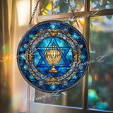 Menorah and Star of David Stained Glass Suncatcher, Round Jewish Hanukkah Window Panel, Judaica Home Decor, Festival of Lights Gift