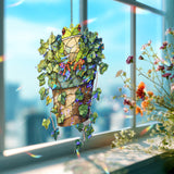 Frog in Ivy Plant Acrylic Suncatcher, Stained Glass Style Green Frog with Hanging Pot Window Decor, Nature Garden Lover Home Gift