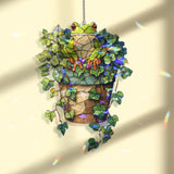 Frog in Ivy Plant Acrylic Suncatcher, Stained Glass Style Green Frog with Hanging Pot Window Decor, Nature Garden Lover Home Gift