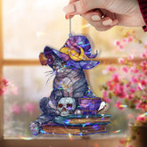 Witch Cat Acrylic Suncatcher, Stained Glass Style Halloween Cat with Hat Books Skull and Cup Window Hanging, Spooky Fall Home Decor Gift