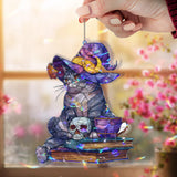 Witch Cat Acrylic Suncatcher, Stained Glass Style Halloween Cat with Hat Books Skull and Cup Window Hanging, Spooky Fall Home Decor Gift