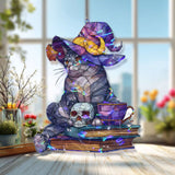 Witch Cat Acrylic Suncatcher, Stained Glass Style Halloween Cat with Hat Books Skull and Cup Window Hanging, Spooky Fall Home Decor Gift