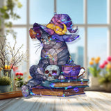 Witch Cat Acrylic Suncatcher, Stained Glass Style Halloween Cat with Hat Books Skull and Cup Window Hanging, Spooky Fall Home Decor Gift