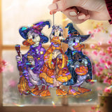 Halloween Ducks Acrylic Suncatcher, Stained Glass Style Witch Ducks with Pumpkin Window Hanging, Cute Spooky Fall Home Decor Gift