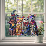 Halloween Cats Acrylic Suncatcher, Stained Glass Style Witch Mummy Vampire Skeleton Cat Window Hanging, Spooky Fall Home Decor Gift