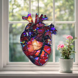 Anatomical Heart Acrylic Suncatcher, Stained Glass Style Red Heart with Flame Window Hanging, Gothic Romantic Medical Art Home Decor