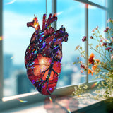 Anatomical Heart Acrylic Suncatcher, Stained Glass Style Red Heart with Flame Window Hanging, Gothic Romantic Medical Art Home Decor