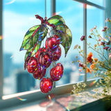 Cherry Cluster Acrylic Suncatcher, Stained Glass Style Red Fruit Window Hanging, Summer Kitchen Garden Nature Inspired Home Decor Gift