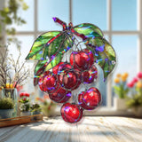 Cherry Cluster Acrylic Suncatcher, Stained Glass Style Red Fruit Window Hanging, Summer Kitchen Garden Nature Inspired Home Decor Gift