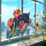 Black Cat with Tulips Acrylic Suncatcher, Stained Glass Style Floral Book Window Hanging, Cozy Spring Nature Lover Home Decor Gift