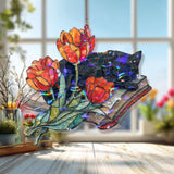 Black Cat with Tulips Acrylic Suncatcher, Stained Glass Style Floral Book Window Hanging, Cozy Spring Nature Lover Home Decor Gift