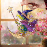 Wizard Frog on Moon Acrylic Suncatcher, Stained Glass Style Magical Animal Window Hanging, Cute Halloween Fantasy Home Decor Gift