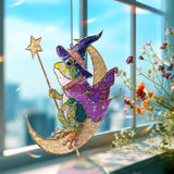 Wizard Frog on Moon Acrylic Suncatcher, Stained Glass Style Magical Animal Window Hanging, Cute Halloween Fantasy Home Decor Gift