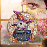 Wizard Mouse Acrylic Suncatcher, Stained Glass Style Halloween Animal with Cauldron Window Hanging, Cute Magical Fall Home Decor Gift