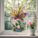 Frog with Autumn Leaf Acrylic Suncatcher, Stained Glass Style Cute Animal Window Hanging, Fall Nature Rainy Day Home Decor Gift