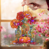 Autumn Flowers and Pumpkin Acrylic Suncatcher, Stained Glass Style Fall Vase Window Hanging, Rustic Thanksgiving Home Decor Gift