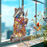 Cozy Raccoon Acrylic Suncatcher, Stained Glass Style Autumn Animal with Scarf and Coffee Window Hanging, Fall Woodland Home Decor Gift