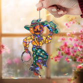 Pumpkin Cowboy Acrylic Suncatcher, Stained Glass Style Jack O’Lantern Western Window Hanging, Halloween Fall Rustic Home Decor Gift