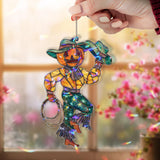 Pumpkin Cowboy Acrylic Suncatcher, Stained Glass Style Jack O’Lantern Western Window Hanging, Halloween Fall Rustic Home Decor Gift