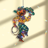 Pumpkin Cowboy Acrylic Suncatcher, Stained Glass Style Jack O’Lantern Western Window Hanging, Halloween Fall Rustic Home Decor Gift