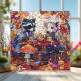 Raccoons Tea Party Acrylic Suncatcher, Stained Glass Style Autumn Forest Animals Window Hanging, Woodland Fall Nature Home Decor Gift