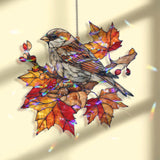 Sparrow Acrylic Suncatcher, Stained Glass Style Bird on Autumn Branch Window Hanging, Fall Leaves Nature Inspired Home Decor Gift