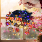 Sleeping Cat in Hanging Basket Acrylic Suncatcher, Stained Glass Style Autumn Leaves Window Hanging, Cozy Fall Pet Lover Home Decor