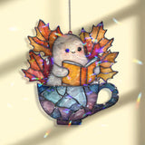 Cute Ghost Reading Acrylic Suncatcher, Stained Glass Style Halloween Autumn Window Hanging, Cozy Book Lover Fall Home Decor Gift