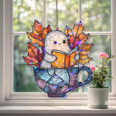 Cute Ghost Reading Acrylic Suncatcher, Stained Glass Style Halloween Autumn Window Hanging, Cozy Book Lover Fall Home Decor Gift