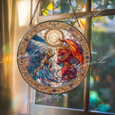 Angel vs Demon Stained Glass Suncatcher, Round Battle Window Panel, Fantasy Gothic Spiritual Decor, Guardian Angel Home Gift