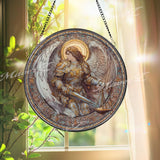 Archangel Stained Glass Suncatcher, Round Angel with Sword and Scales Window Panel, Spiritual Justice Guardian Home Decor Gift