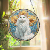 White Cat Stained Glass Suncatcher, Round Feline Window Panel with Yellow Flowers, Pet Lover Gift, Artistic Cat Home Decor Hanging