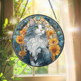 Gray and White Cat Stained Glass Suncatcher, Round Feline Window Panel with Yellow Flowers, Pet Lover Gift, Artistic Cat Home Decor