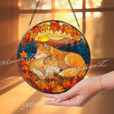 Fox Stained Glass Suncatcher, Round Autumn Window Panel with Sleeping Foxes and Fall Leaves, Rustic Woodland Animal Home Decor Gift