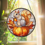 Squirrel Stained Glass Suncatcher, Round Autumn Window Panel with Pumpkin and Acorn, Woodland Animal Fall Home Decor Gift