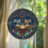 Raccoon Stained Glass Suncatcher, Round Magical Window Panel with Cauldron and Potions, Fantasy Woodland Animal Home Decor Gift