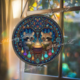 Raccoon Stained Glass Suncatcher, Round Magical Window Panel with Cauldron and Potions, Fantasy Woodland Animal Home Decor Gift