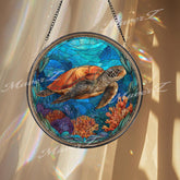 Sea Turtle Stained Glass Suncatcher, Round Ocean Window Panel with Coral Reef Design, Coastal Beach Marine Life Home Decor Gift