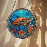 Sea Turtle Stained Glass Suncatcher, Round Ocean Window Panel with Coral Reef Design, Coastal Beach Marine Life Home Decor Gift