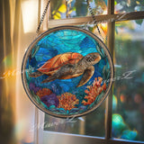 Sea Turtle Stained Glass Suncatcher, Round Ocean Window Panel with Coral Reef Design, Coastal Beach Marine Life Home Decor Gift