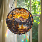 Bigfoot Stained Glass Suncatcher, Round Mountain Sunset Window Panel with Campfire Scene, Rustic Forest Sasquatch Home Decor Gift