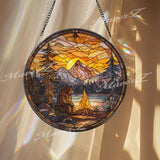 Bigfoot Stained Glass Suncatcher, Round Mountain Sunset Window Panel with Campfire Scene, Rustic Forest Sasquatch Home Decor Gift